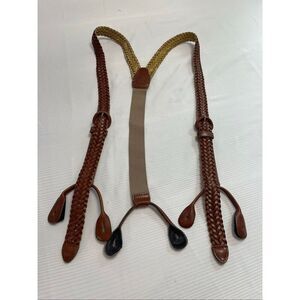 Vintage Suspenders Braided Woven Brown Smooth Leather Braces